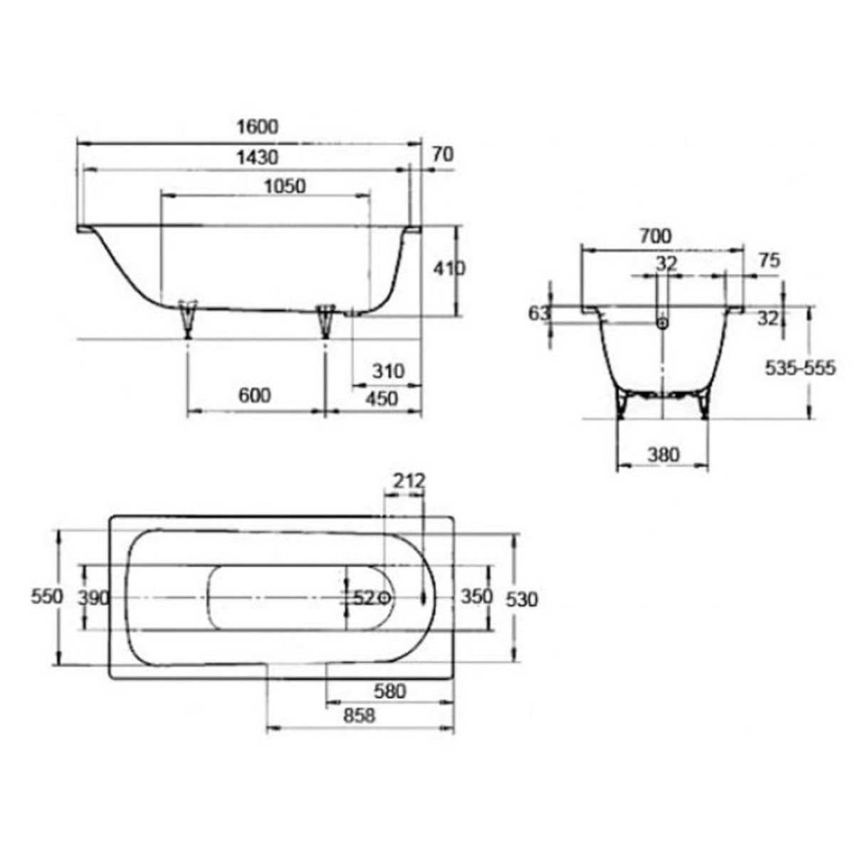 Kaldewei Saniform Plus 1600 x 700mm White 0 Tap Hole Bath