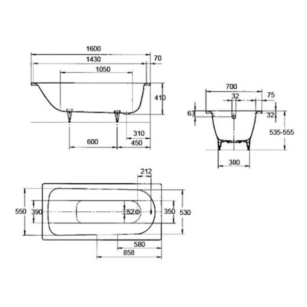 Kaldewei Saniform Plus 1600 x 700mm White 2 Tap Holes Bath