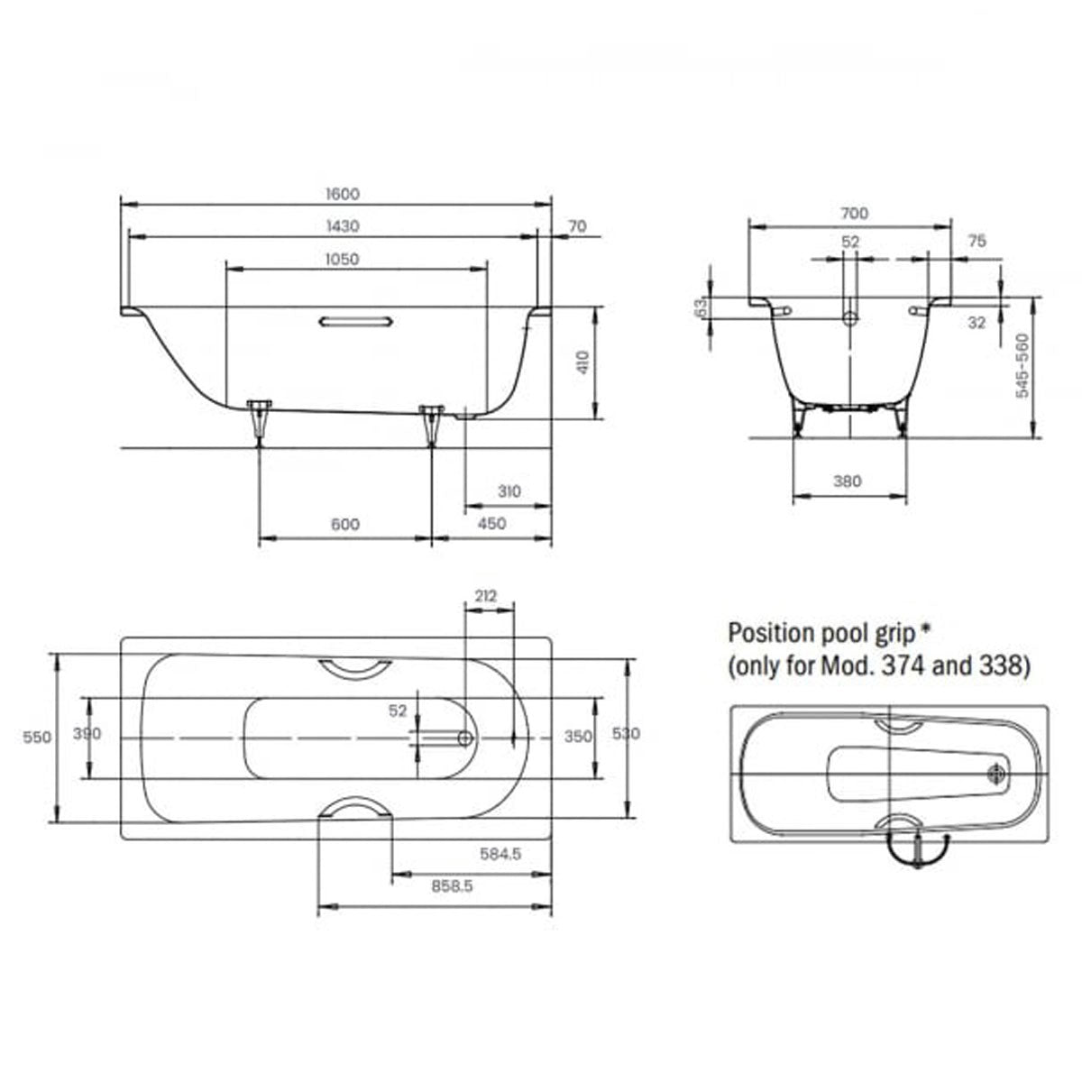 Kaldewei Saniform Plus 1600 x 700mm White 2 Tap Holess Bath with Anti-Slip Grip Holes