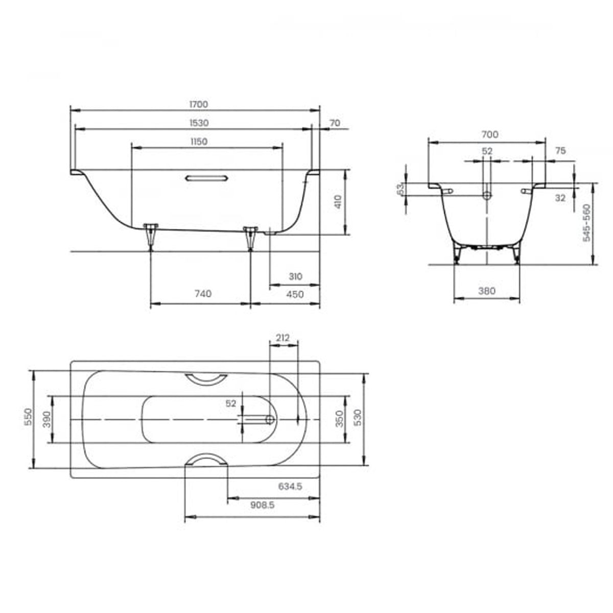 Kaldewei Saniform Plus 1700 x 700mm White 0 Tap Hole Bath