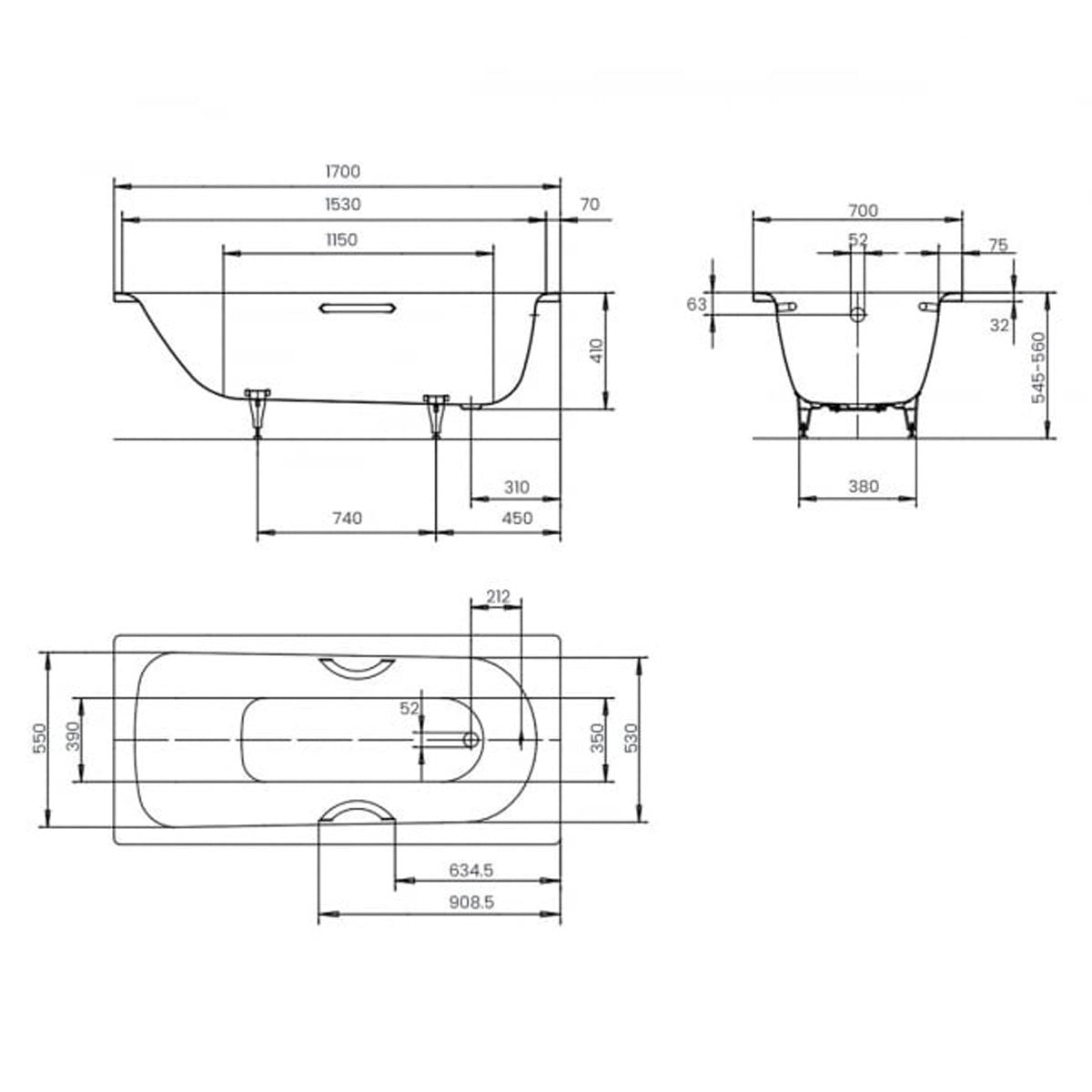 Kaldewei Saniform Plus 1700 x 700mm White 2 Tap Holes Bath