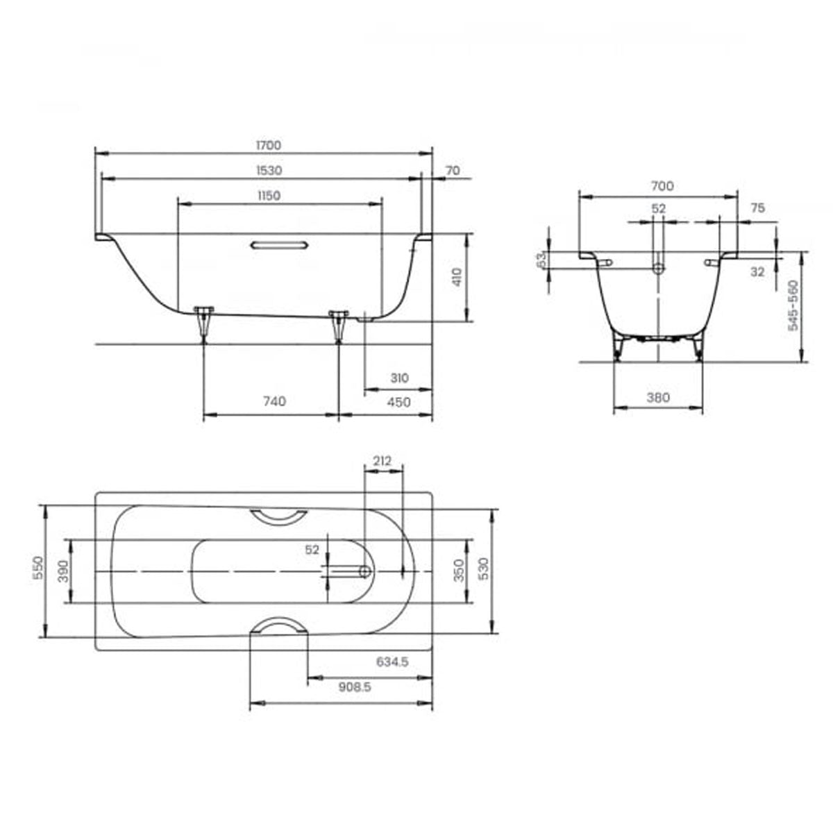Kaldewei Saniform Plus 1700 x 700mm White 2 Tap Holes Bath with Anti-Slip Grip Holes