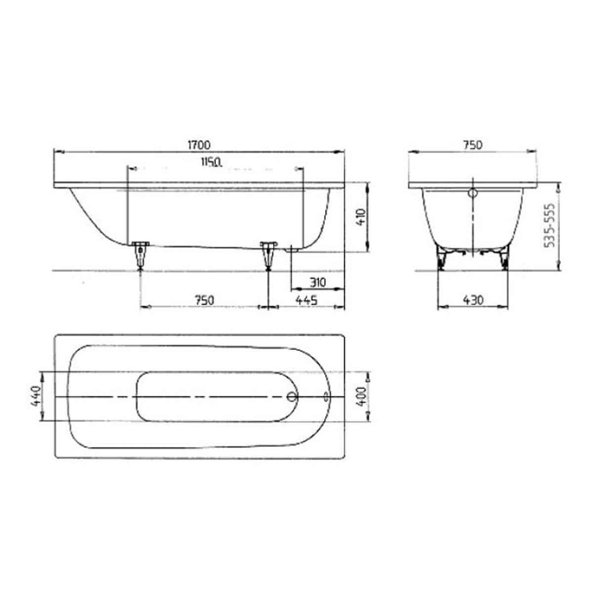 Kaldewei Saniform Plus 1700 x 750mm White 2 Tap Holes Bath with Anti-Slip Grip Holes