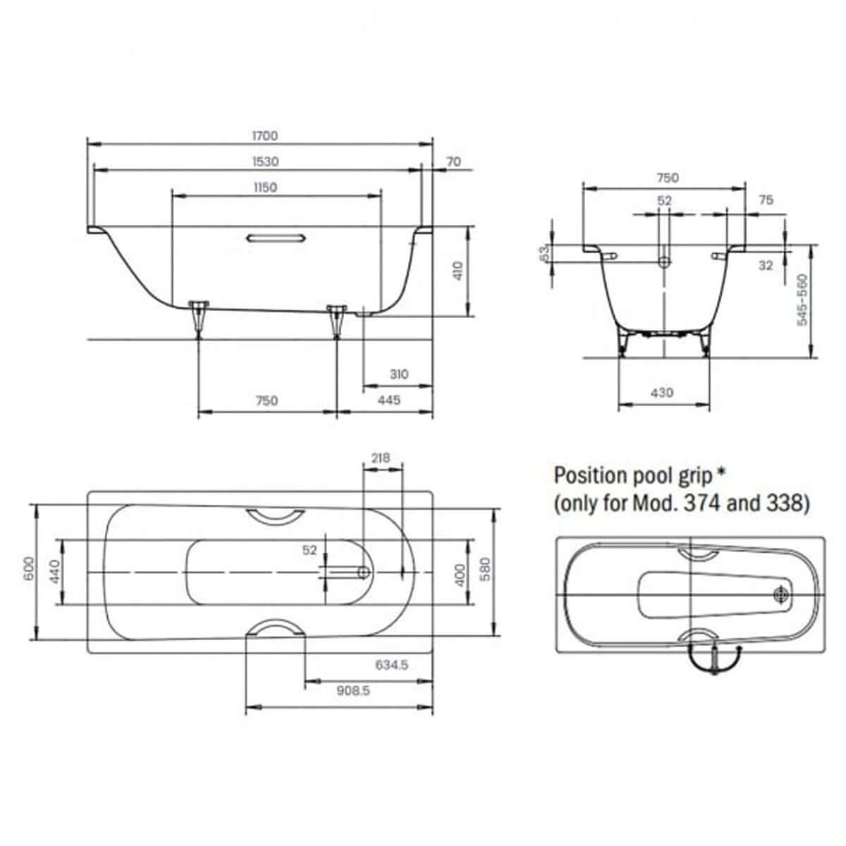 Kaldewei Saniform Plus 1700 x 750mm White 2 Tap Holes Bath with Anti-Slip Grip Holes