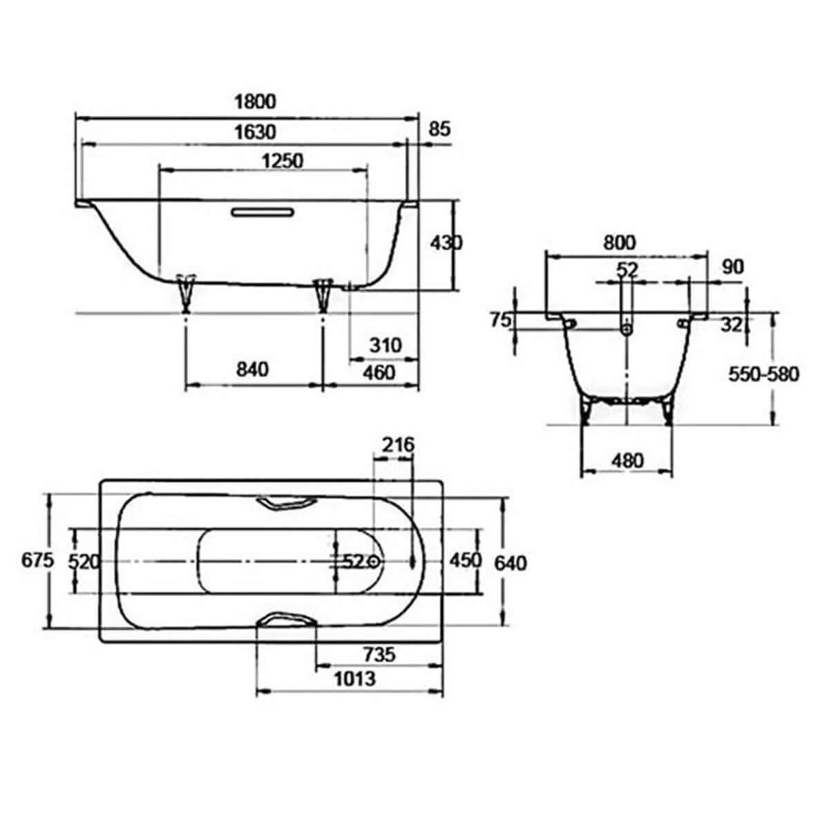Kaldewei Saniform Plus 1800 x 800mm White 2 Tap Holes Bath with Anti-Slip Grip Holes