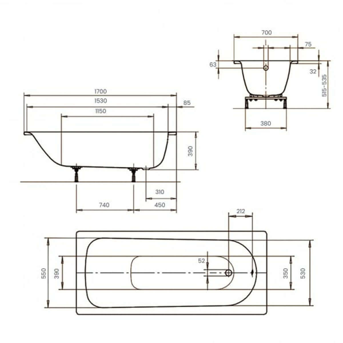 Kaldewei Eurowa Eco 1700 x 700mm White 2 Tap Holes Bath