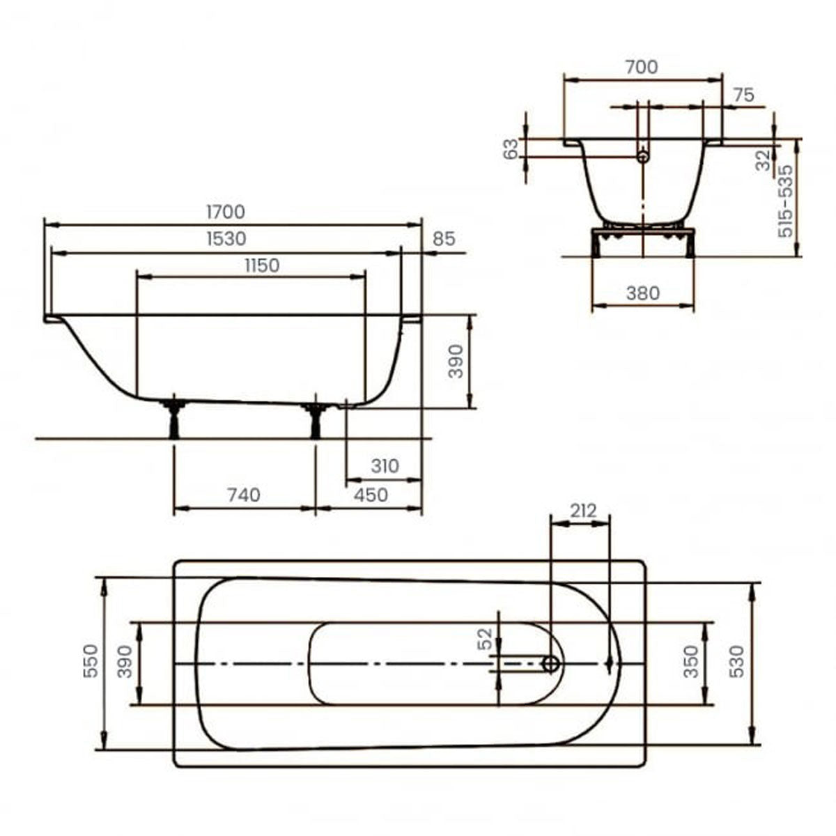 Kaldewei Eurowa 1700 x 700mm Eco White 2 Tap Holes Bath with Anti-Slip Grip Holes
