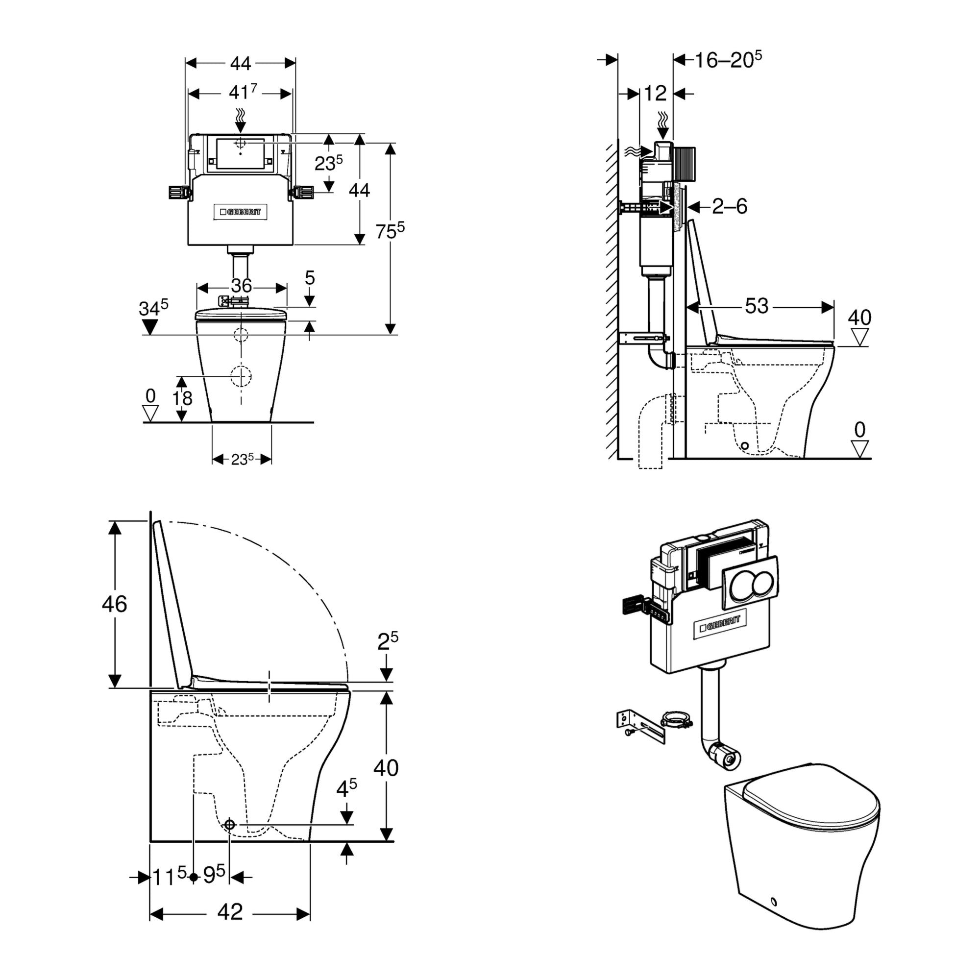 Geberit Wall-Hung 4-in-1 Frame, Flush Plate, Selnova Rimless Pan & Soft Close Seat Pack