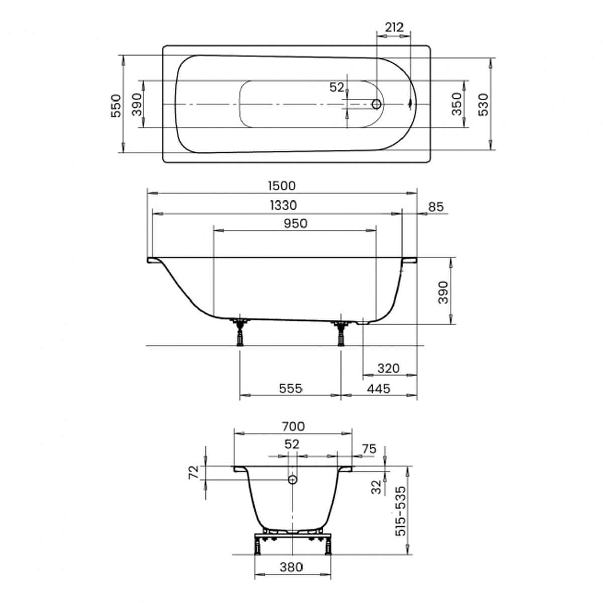Kaldewei Eurowa 1500 x 700mm White 2 Tap Holes Bath with Anti-Slip Grip Holes