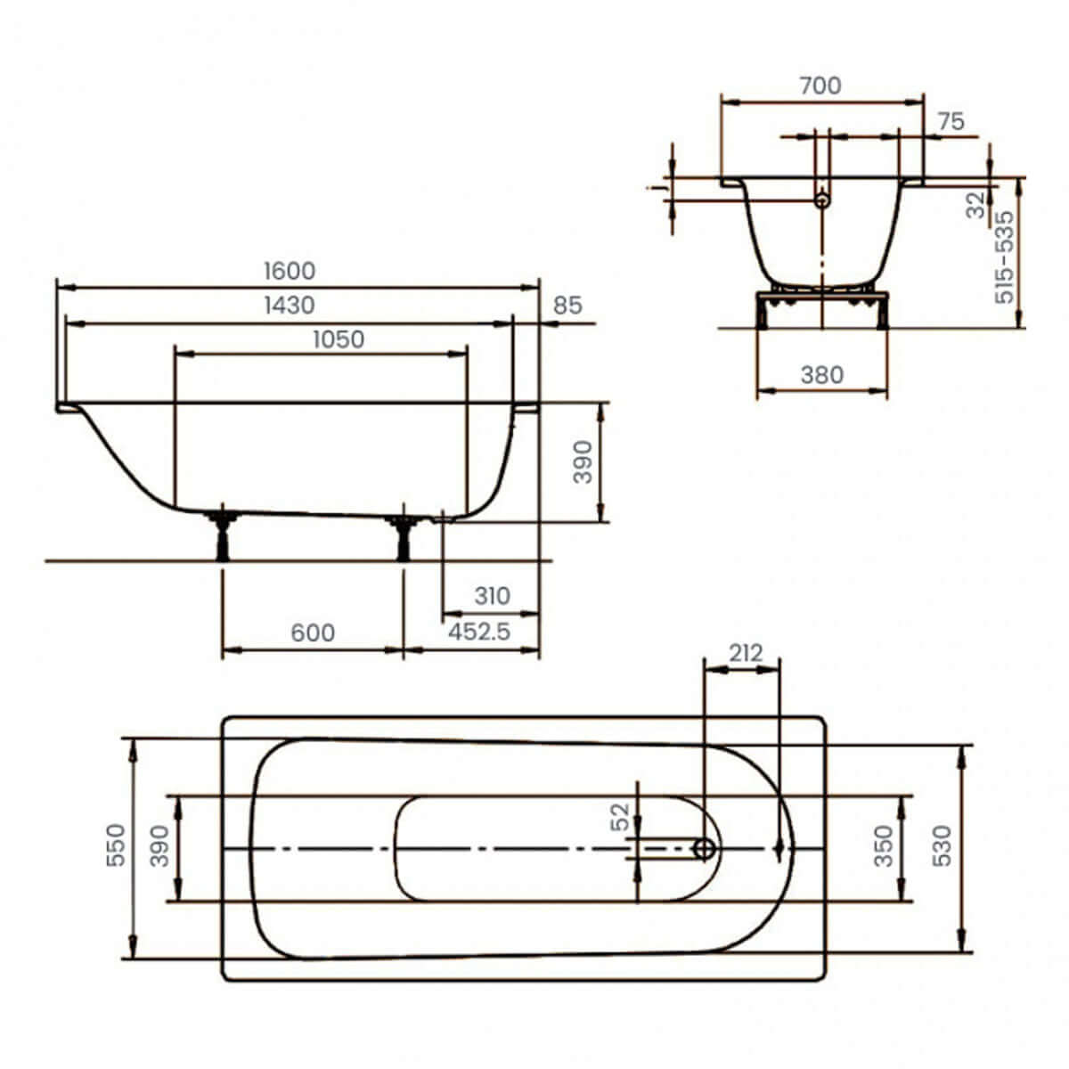 Kaldewei Eurowa 1600 x 700mm White 0 Tap Hole Bath