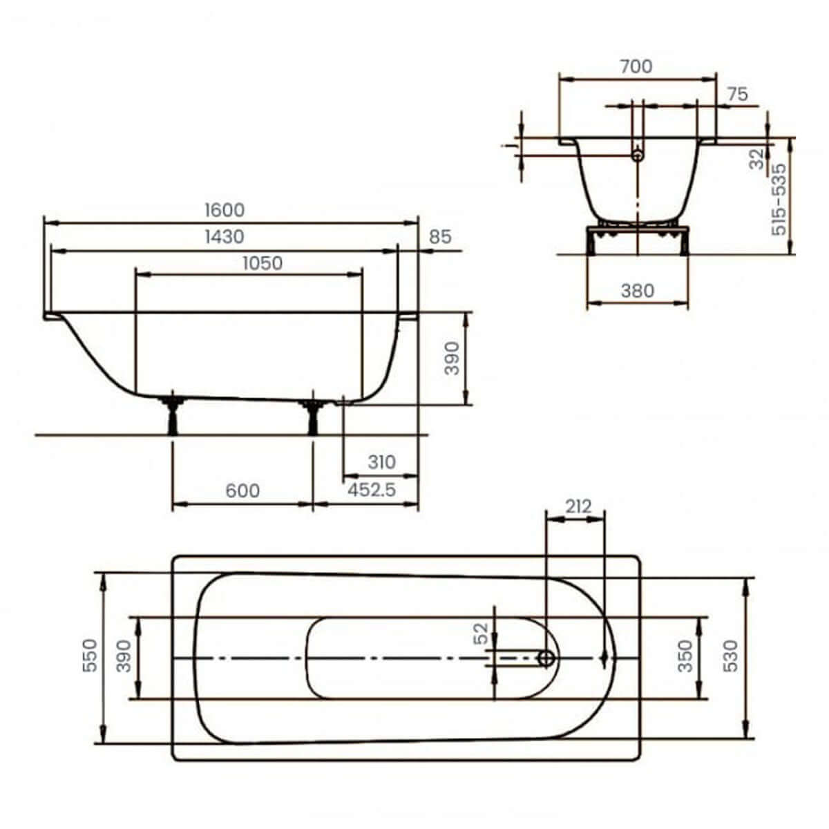 Kaldewei Eurowa 1600 x 700mm White 2 Tap Holes Bath with Anti-Slip Grip Holes