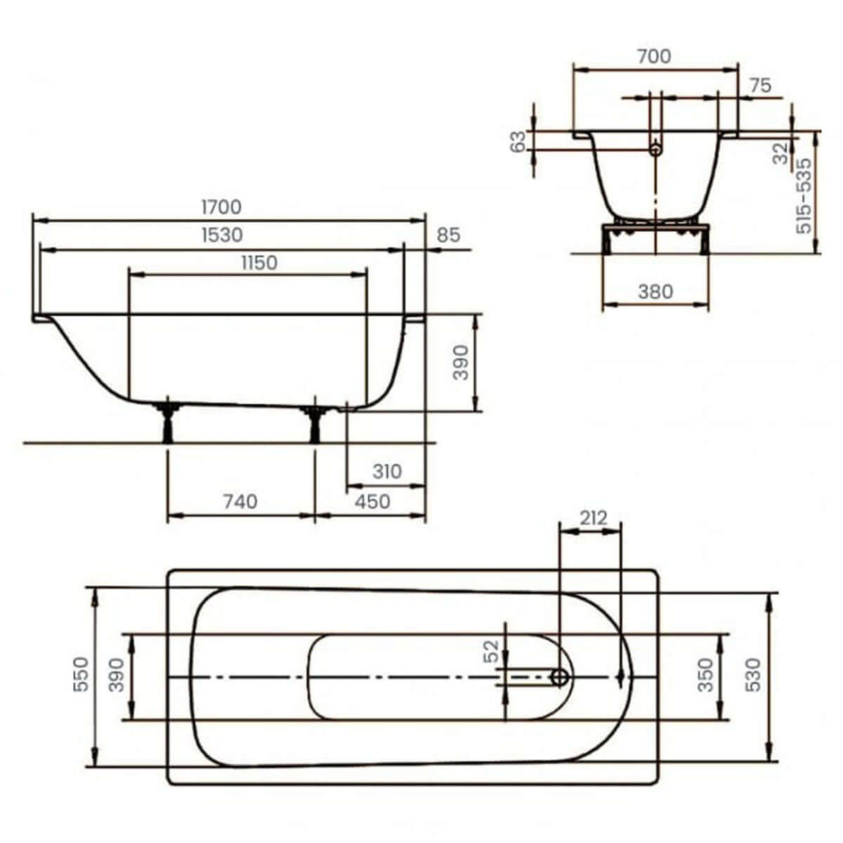 Kaldewei Eurowa 1700 x 700mm White 2 Tap Hole Bath