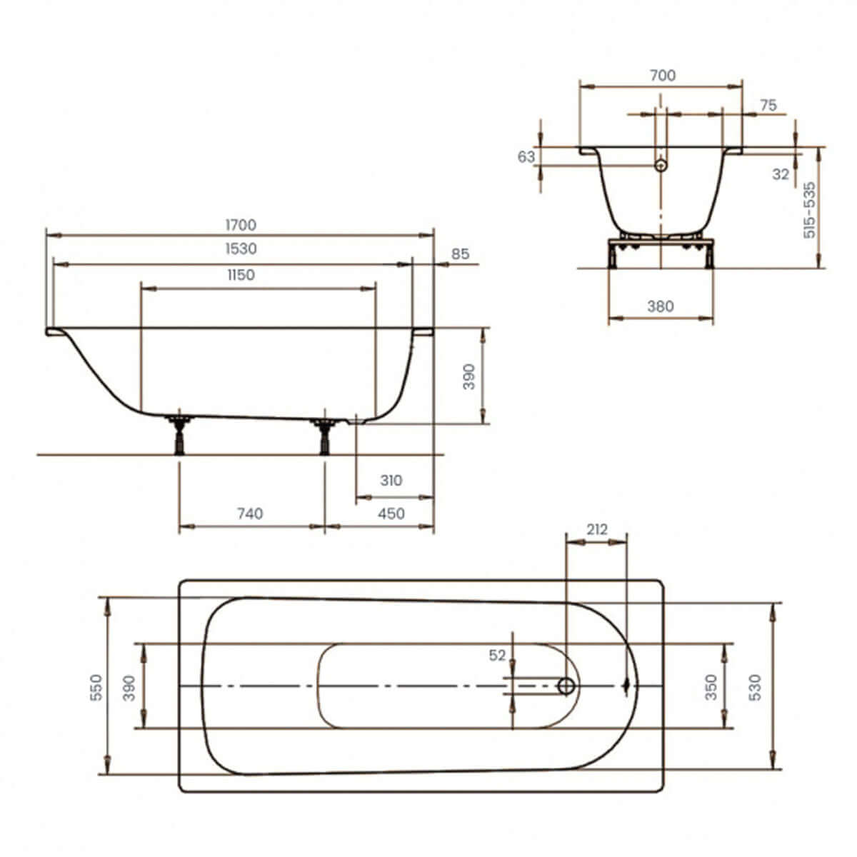 Kaldewei Eurowa 1700 x 700mm White 2 Tap Holes Anti-Slip Bath