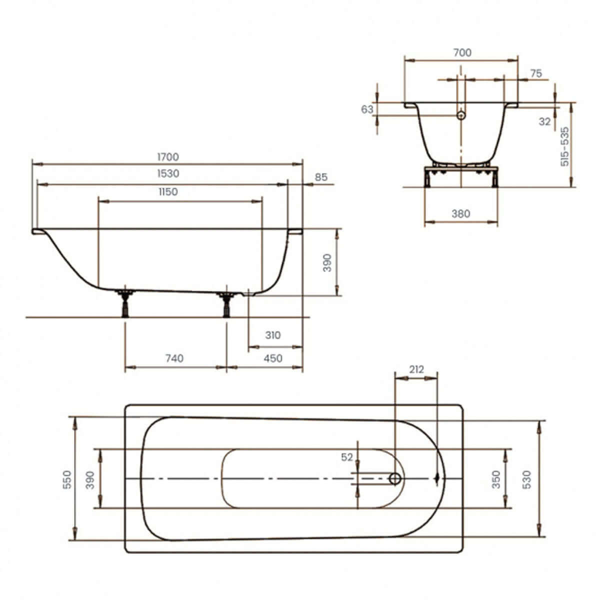 Kaldewei Eurowa 1700 x 700mm White 2 Tap Holes Bath with Anti-Slip Grip Holes