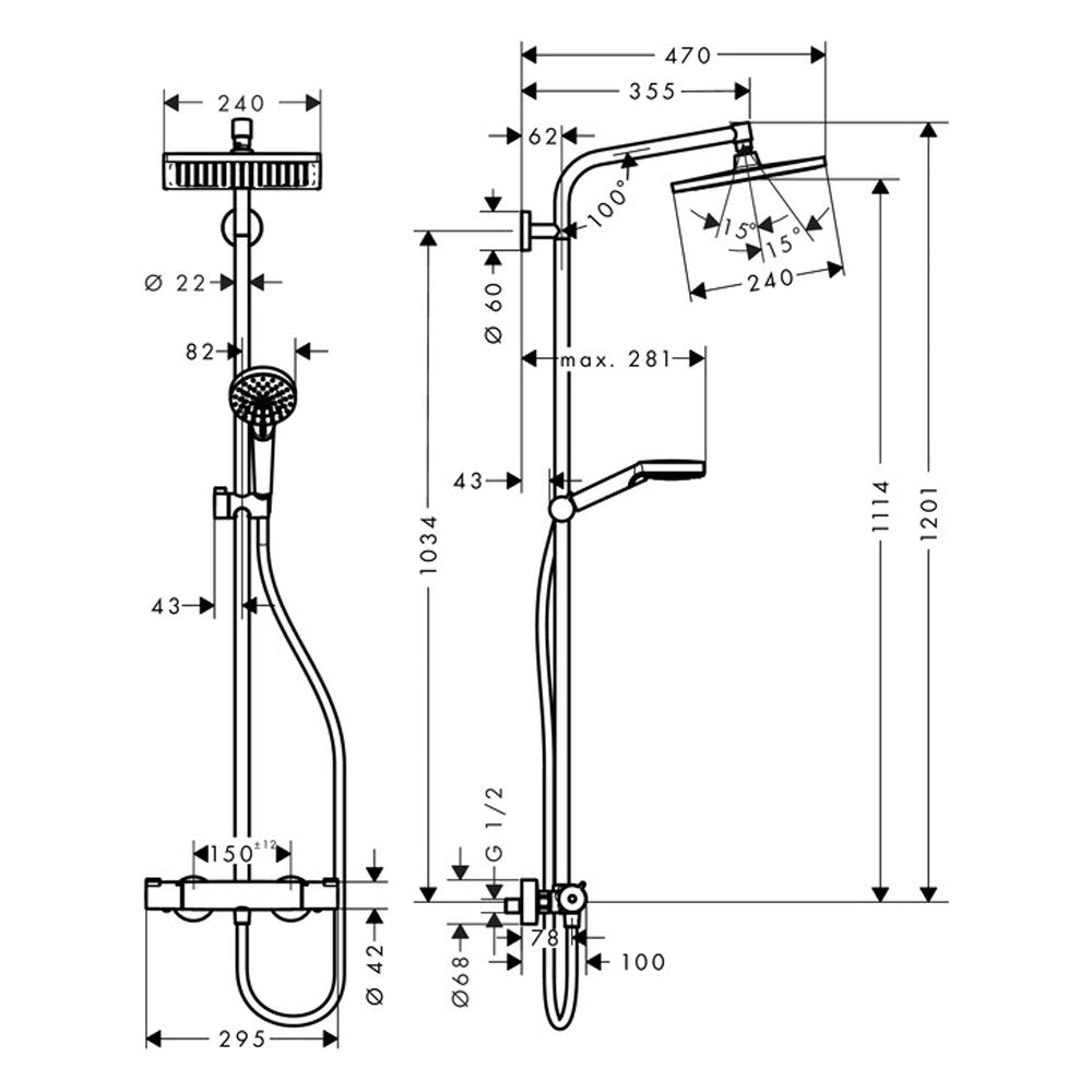 Hansgrohe Crometta E 240 Chrome 1 Jet Exposed Thermostatic Bar Shower Valve & Rigid Riser Kit