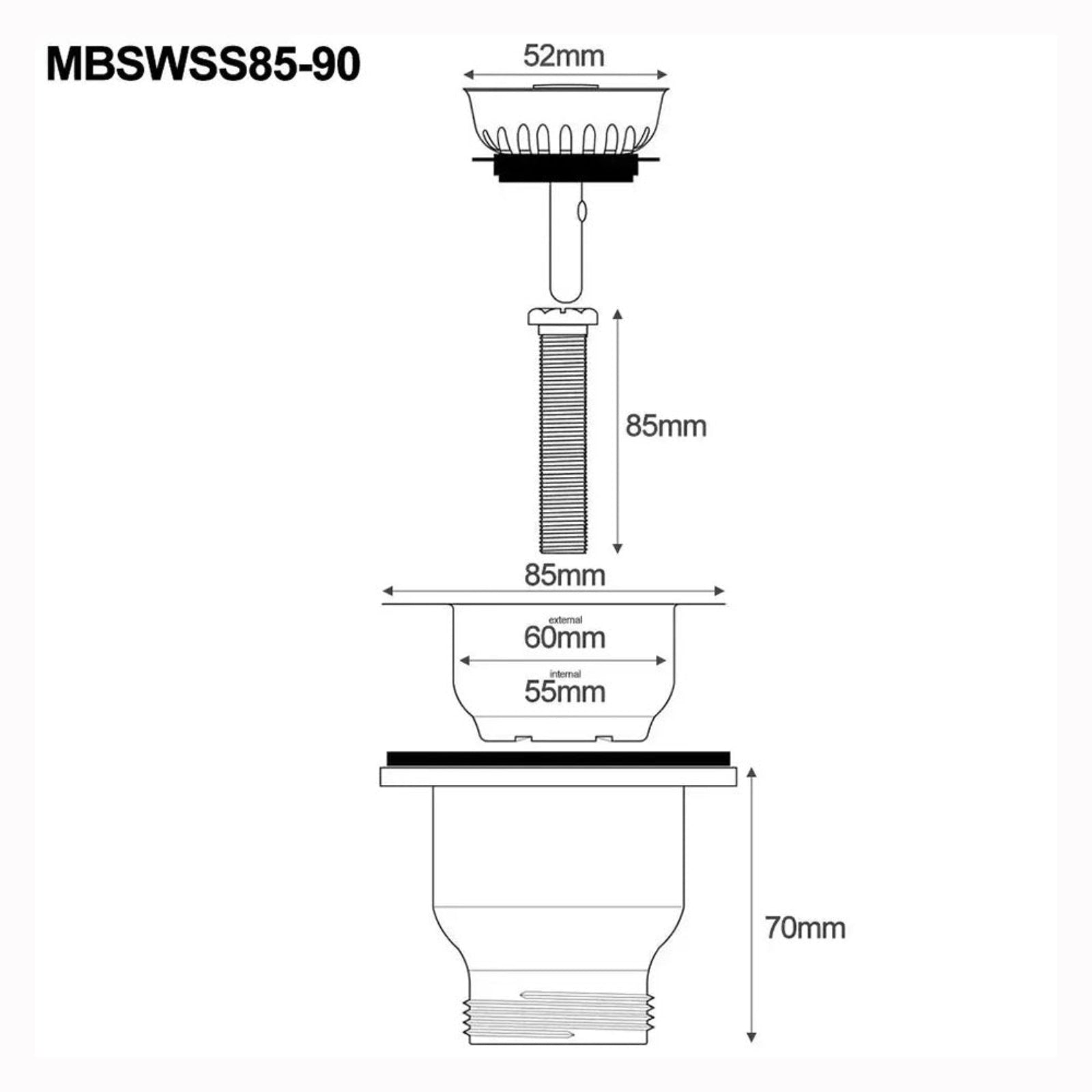90 & 65mm Basket Strainer Waste for Astini, RAK, Rangemaster Ceramic Sink XK186+MBSWSS85-90