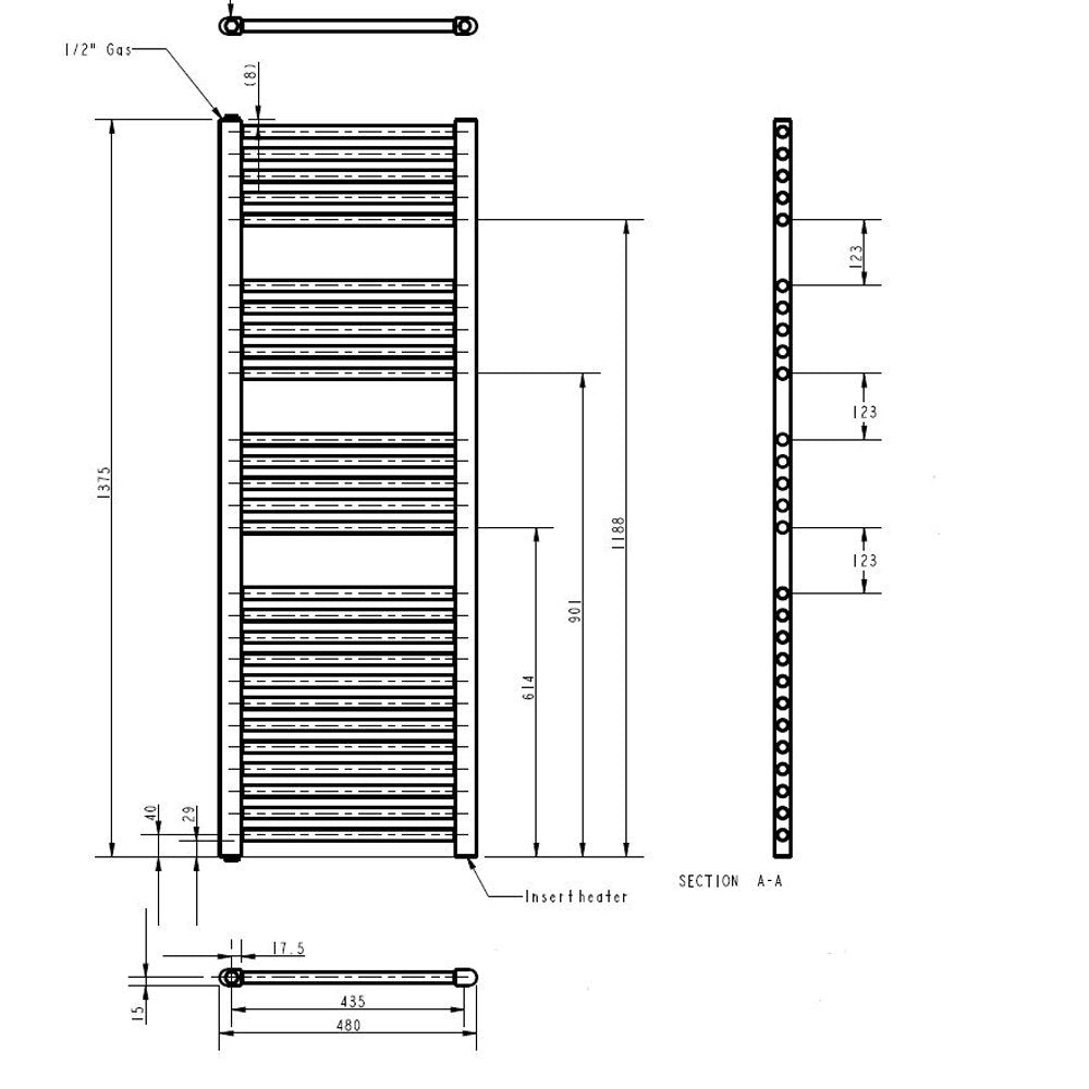 Nuie 1375x480mm Anthracite 750W Electric Ladder Heated Towel Rail MTY155