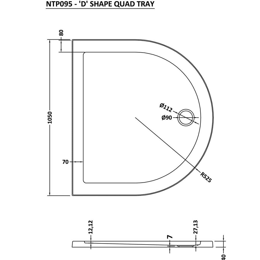 Nuie Pearlstone D Shape Low Profile Shower Tray 1050x950mm - NTP095