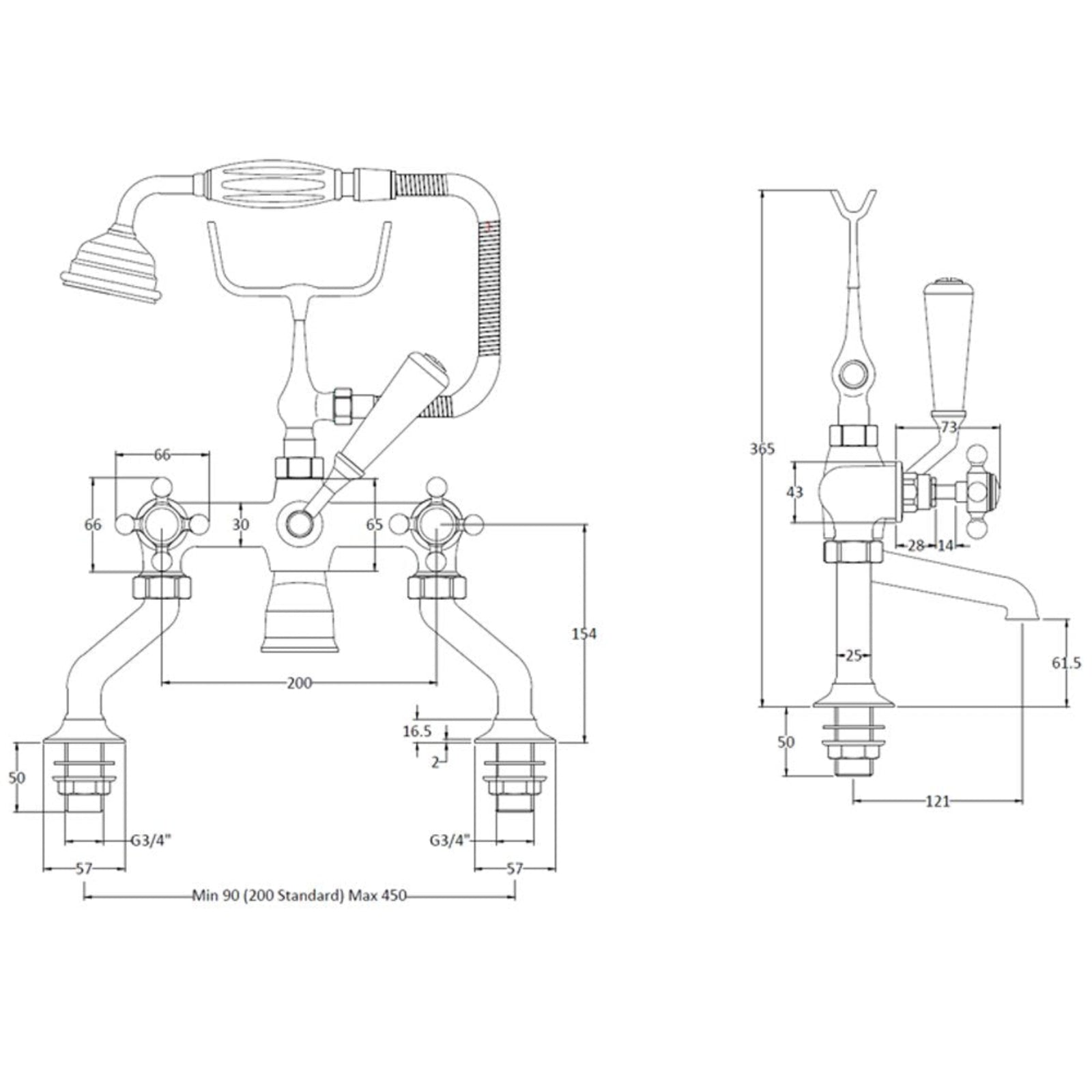 Hudson Reed Topaz White Crosshead Dome Collar Bath Shower Mixer Tap & Shower Kit - BC304HX