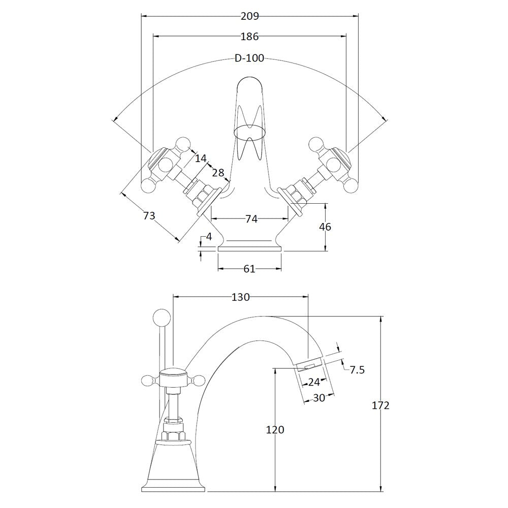 Hudson Reed Topaz White Crosshead Hexagonal Collar Basin Mixer Tap - BC305HX