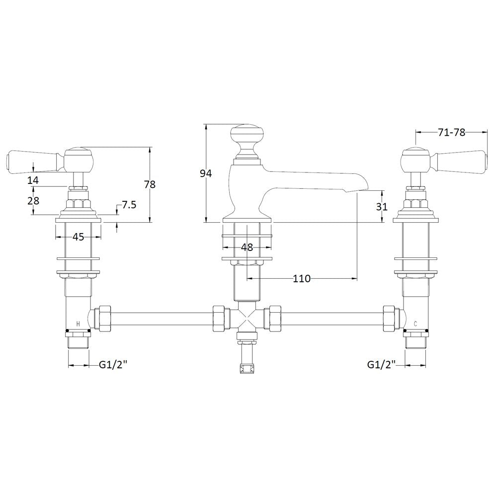 Hudson Reed Topaz White Lever Hexagonal Collar 3 Hole Basin Mixer Tap & Waste - BC307HL