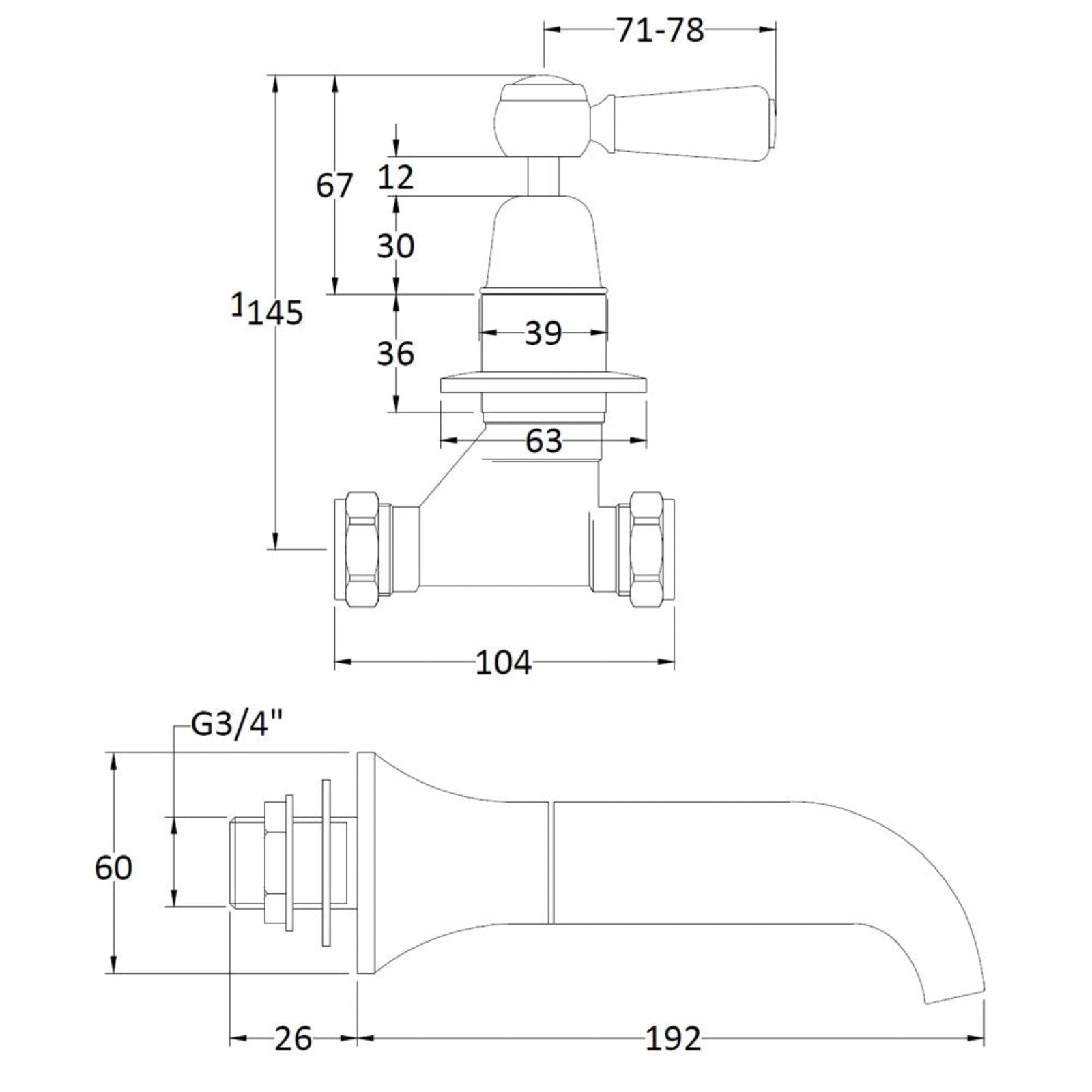 Hudson Reed Topaz White Lever Dome Collar Wall Mount 3 Hole Bath Mixer Tap - BC309DL