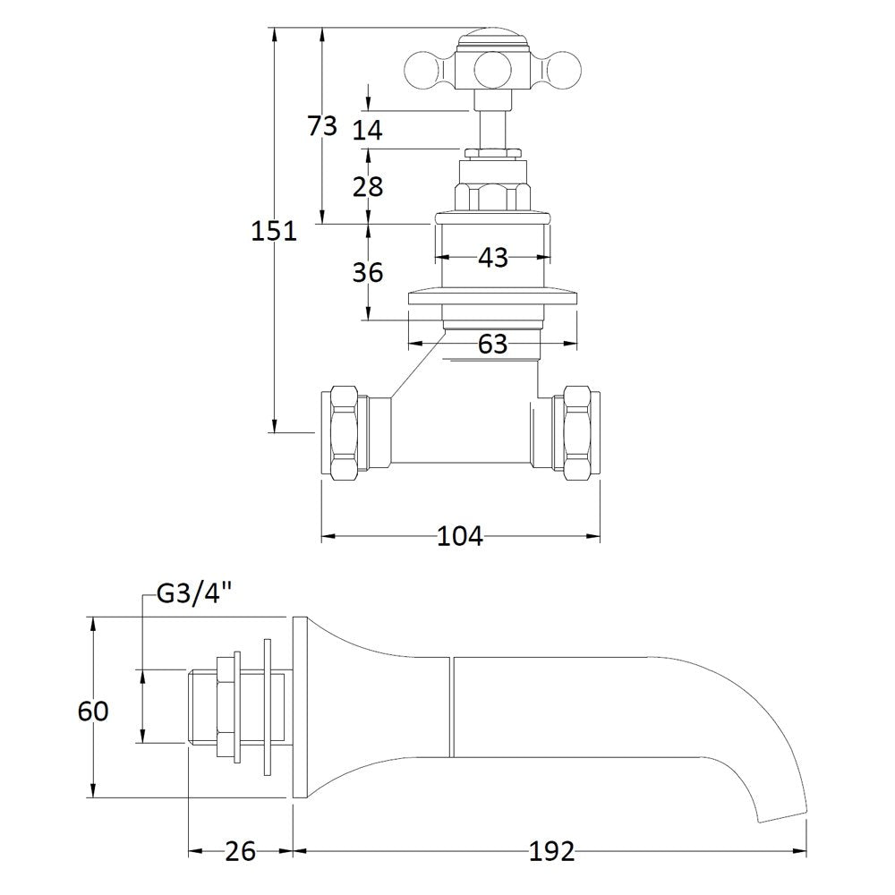 Hudson Reed Topaz White Crosshead Hexagonal Collar 3 Hole Wall Mount Bath Mixer Tap - BC309HX