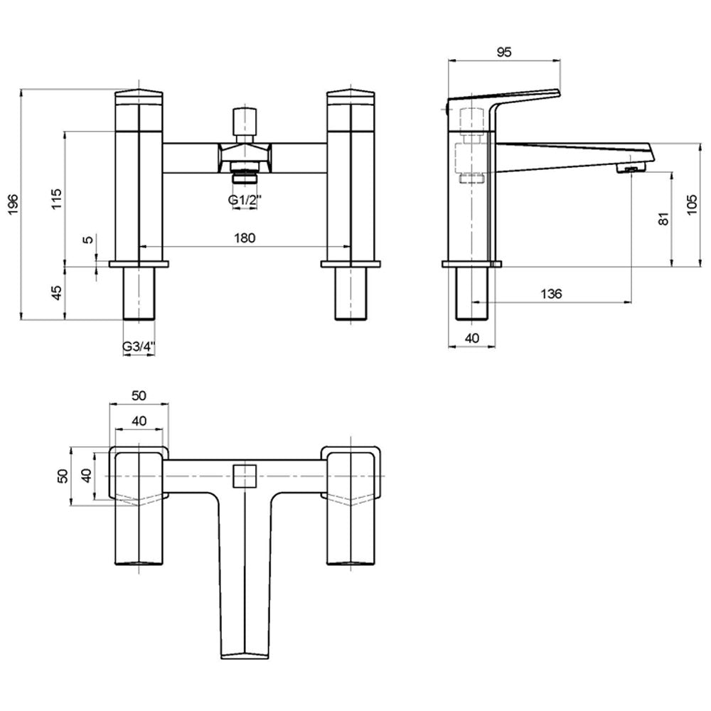Nuie Hardy Square Bath Shower Mixer Tap & Shower Kit - HDY304