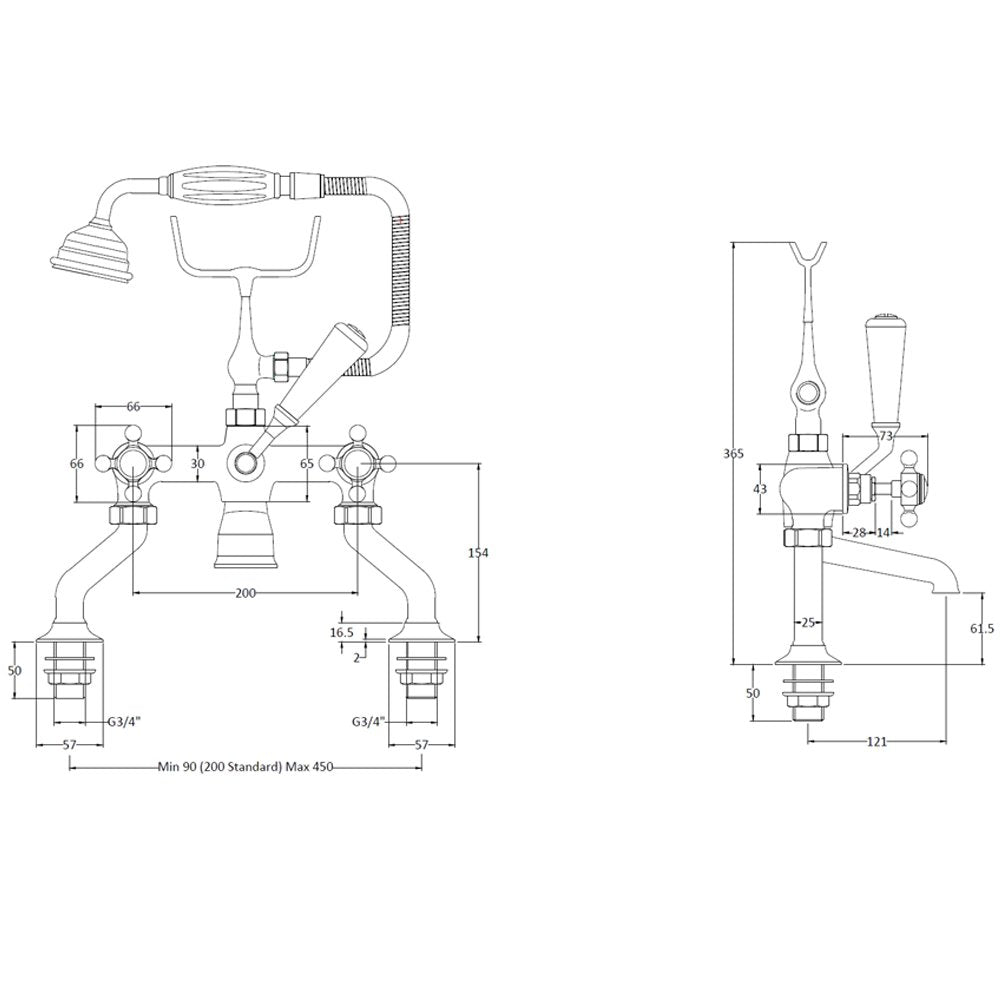Hudson Reed Topaz Black Crosshead Hexagonal Collar Bath Shower Mixer Tap & Shower Kit - BC404HX