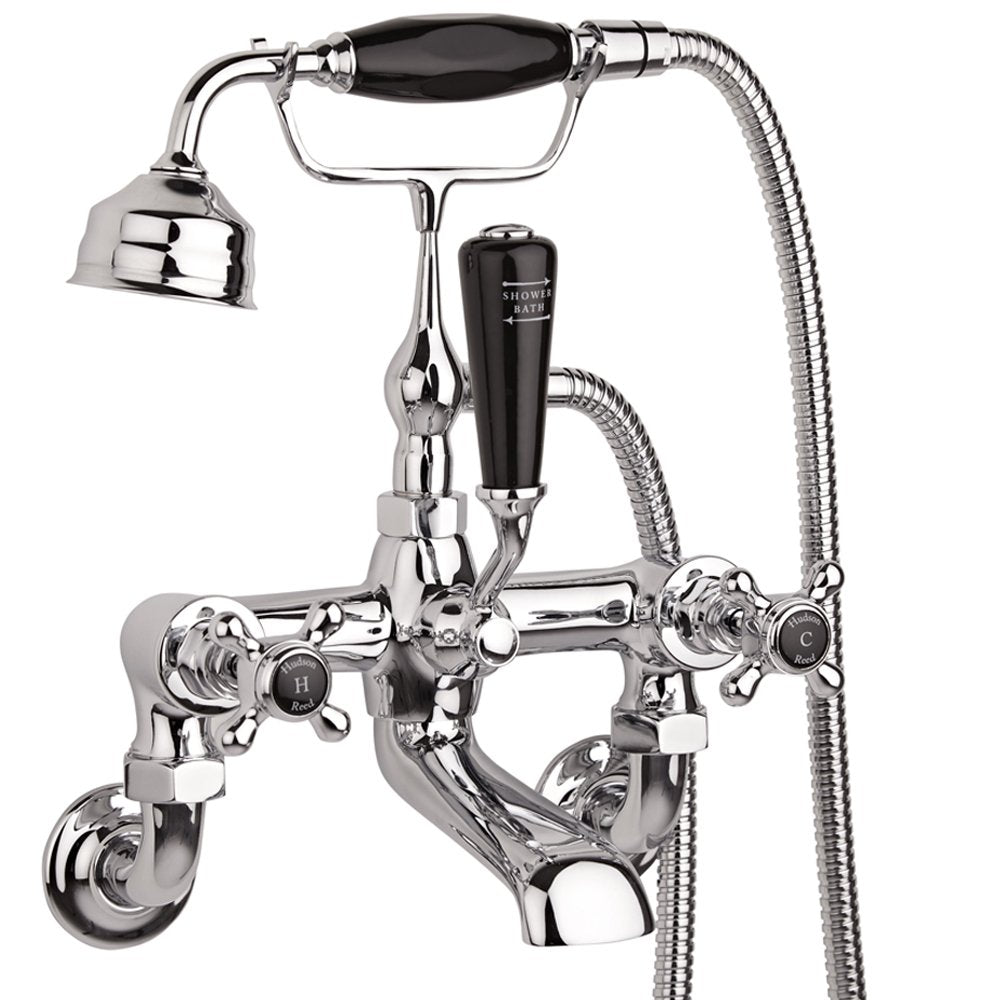 Hudson Reed Topaz Black Crosshead Hexagonal Collar Wall Mount Bath Shower Mixer Tap - BC404HXWM