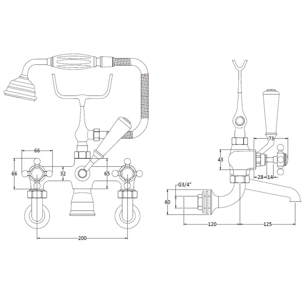 Hudson Reed Topaz Black Crosshead Hexagonal Collar Wall Mount Bath Shower Mixer Tap - BC404HXWM