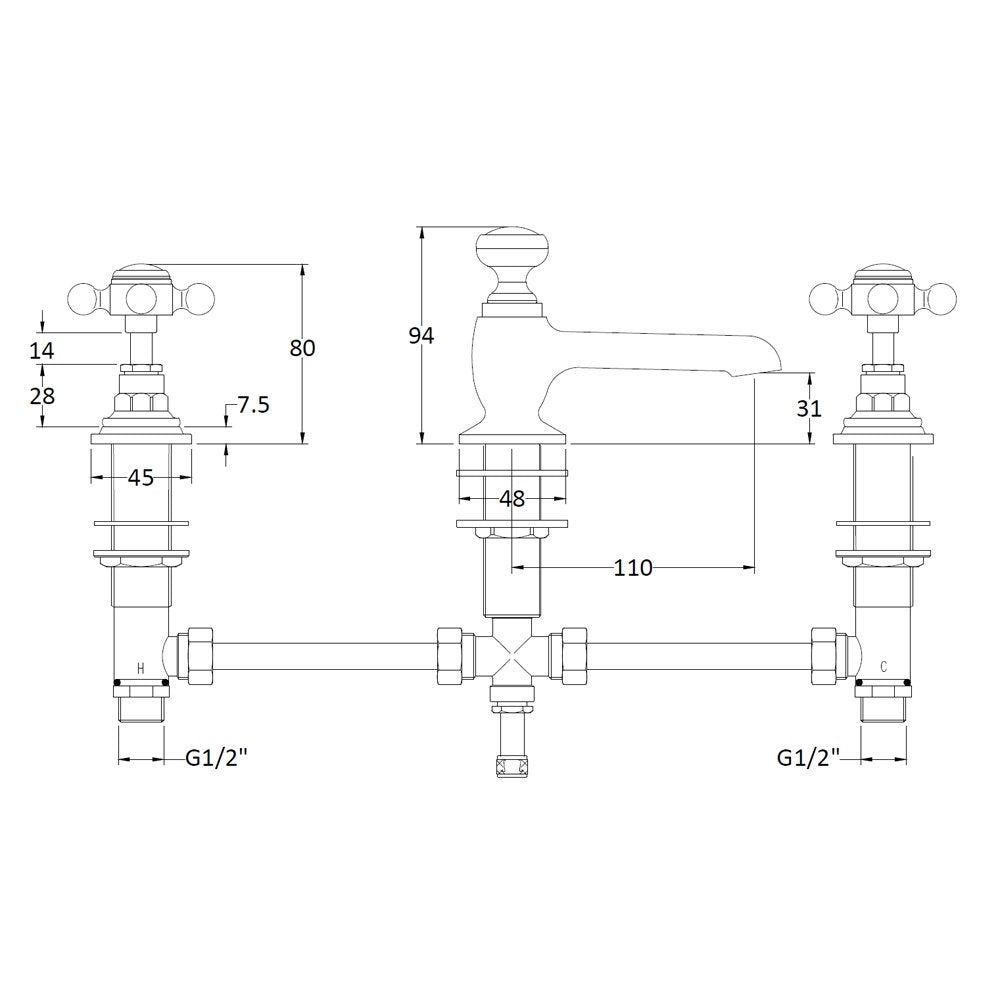 Hudson Reed Topaz Black Crosshead Hexagonal Collar 3 Hole Basin Mixer Tap & Pop Up Waste - BC407HX