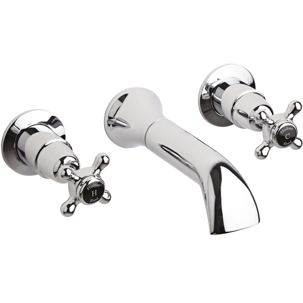 Hudson Reed Topaz Black Crosshead Dome Collar 3 Hole Wall Mount Bath Mixer Tap - BC409DX