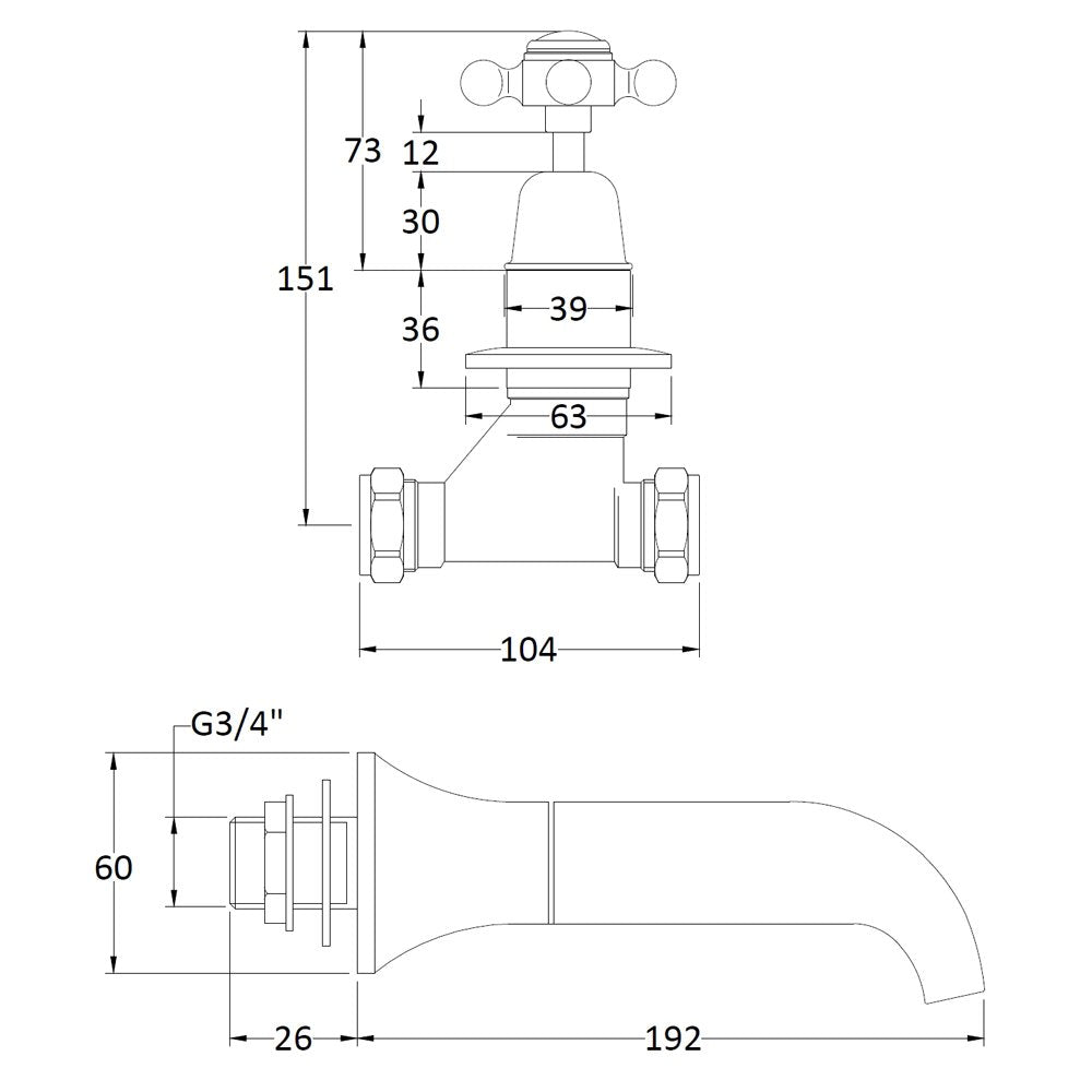 Hudson Reed Topaz Black Crosshead Dome Collar 3 Hole Wall Mount Bath Mixer Tap - BC409DX