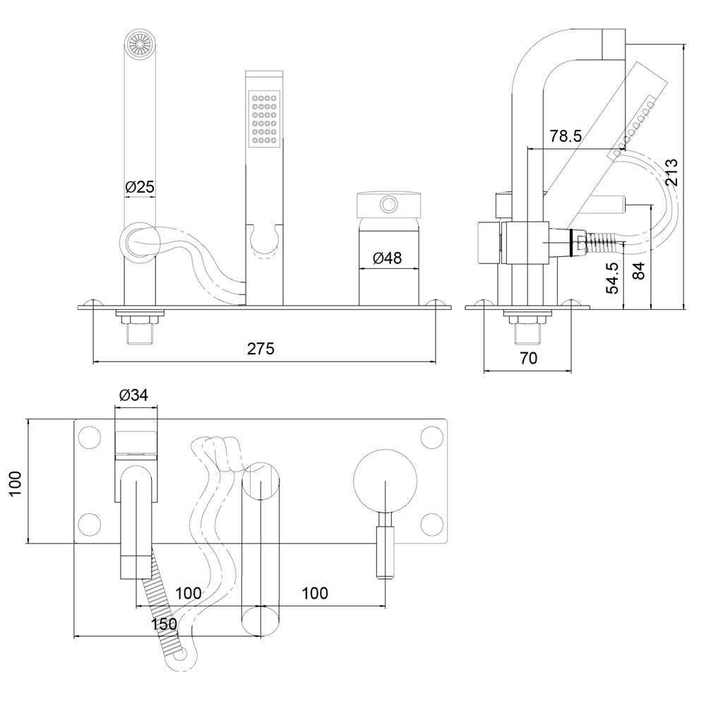 Hudson Reed Tec Single Lever Wall Mount Bath Shower Mixer Tap & Shower Kit - PK350