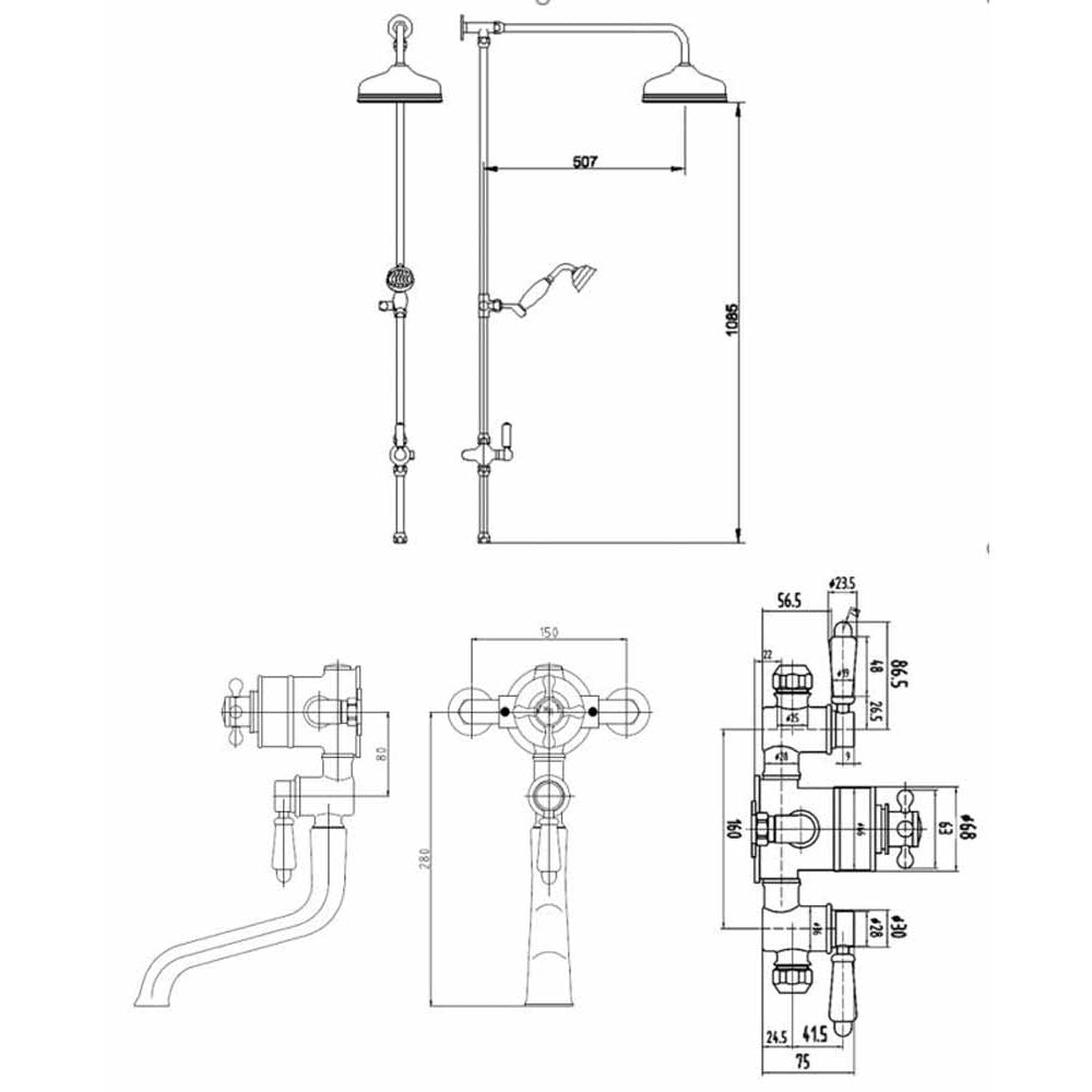 Hudson Reed Black Topaz Triple Exposed Shower Thermostatic Valve & Spout - BTSVT103