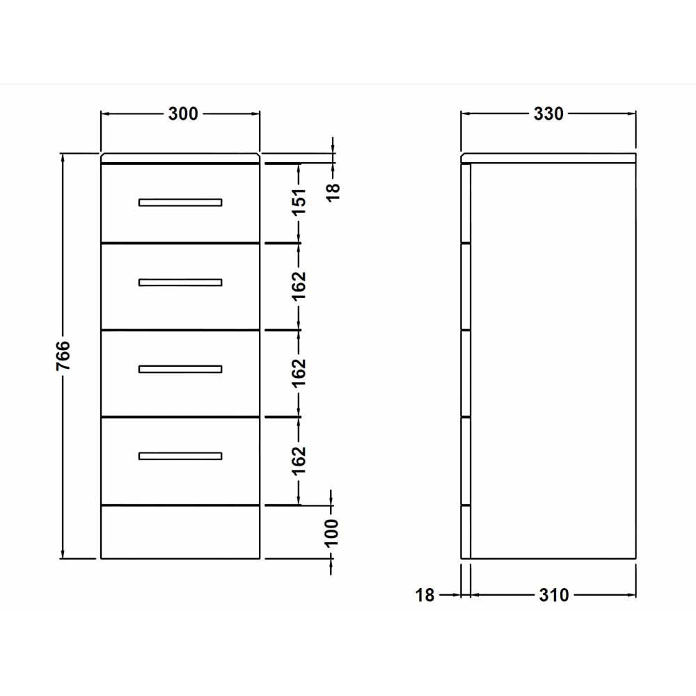 Nuie Mayford Gloss White 300x330mm 4 Drawer Cabinet - PRC134