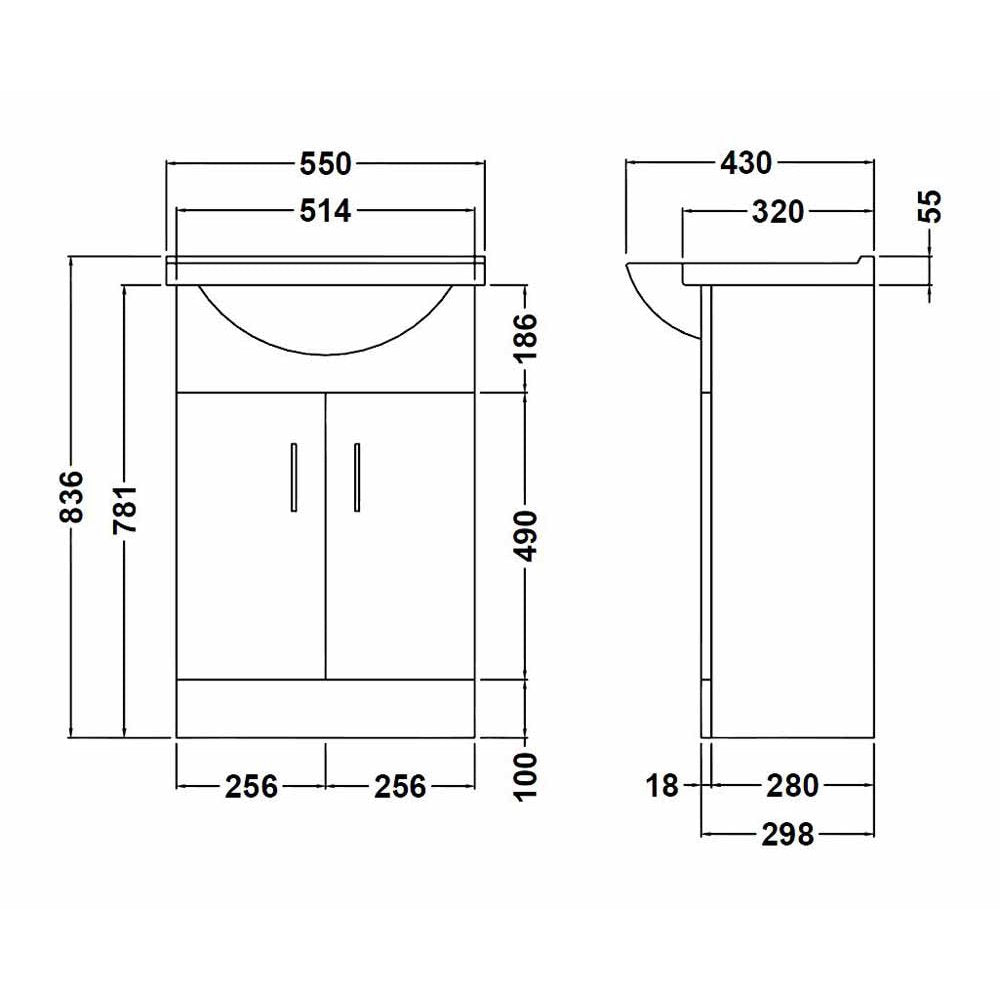 Nuie Mayford Gloss White Floor Standing 550mm Cabinet & Basin 2 - VTM550