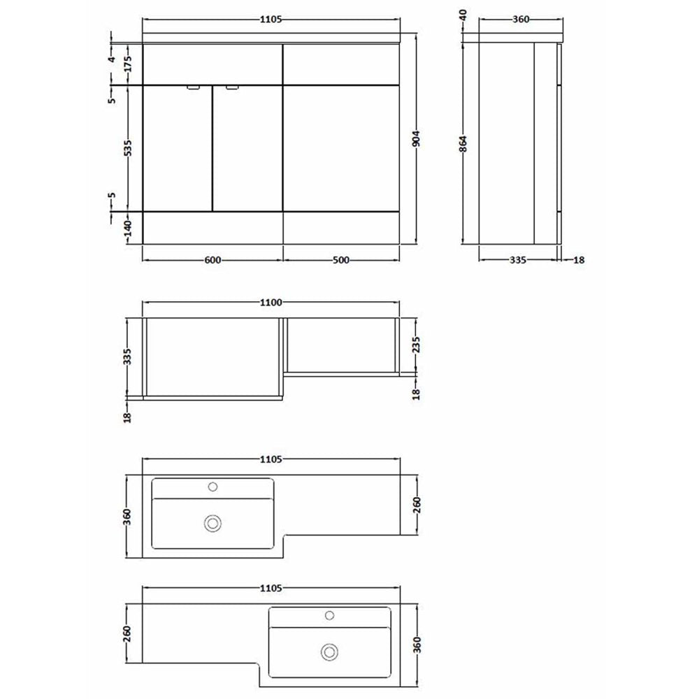 Hudson Reed Fusion Gloss Grey 1100mm LH Basin & WC Combination Unit CBI902