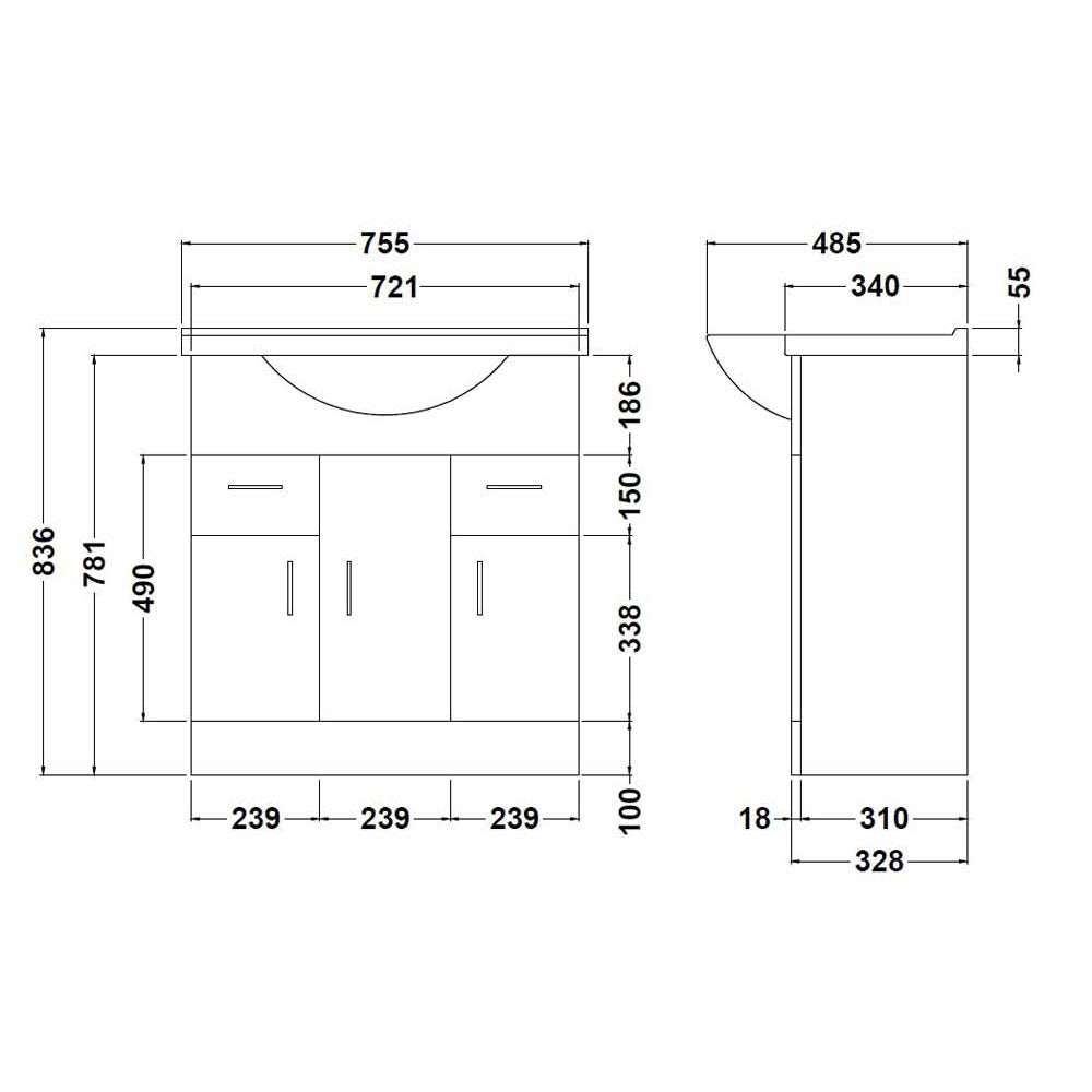 Nuie Mayford Gloss White Floor Standing 750mm Cabinet & Basin 1 - VTY750