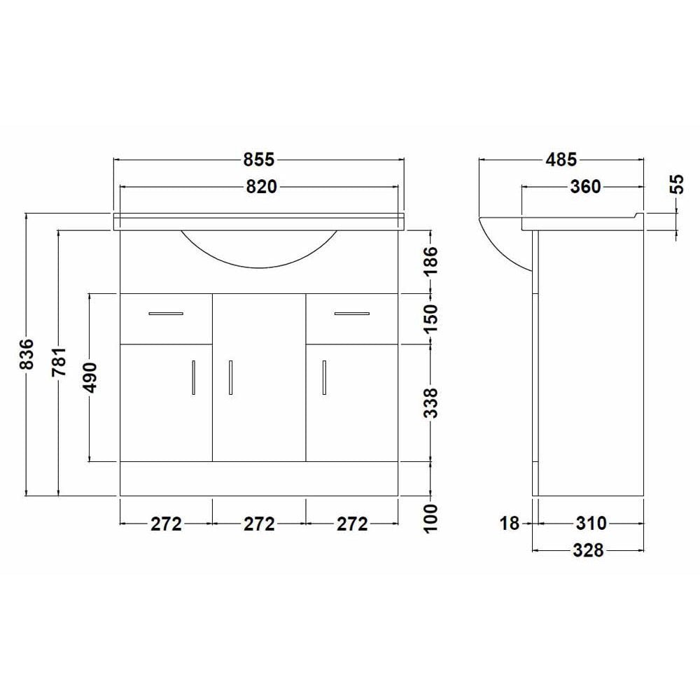 Nuie Mayford Gloss White Floor Standing 850mm Cabinet & Basin 1 - VTY850