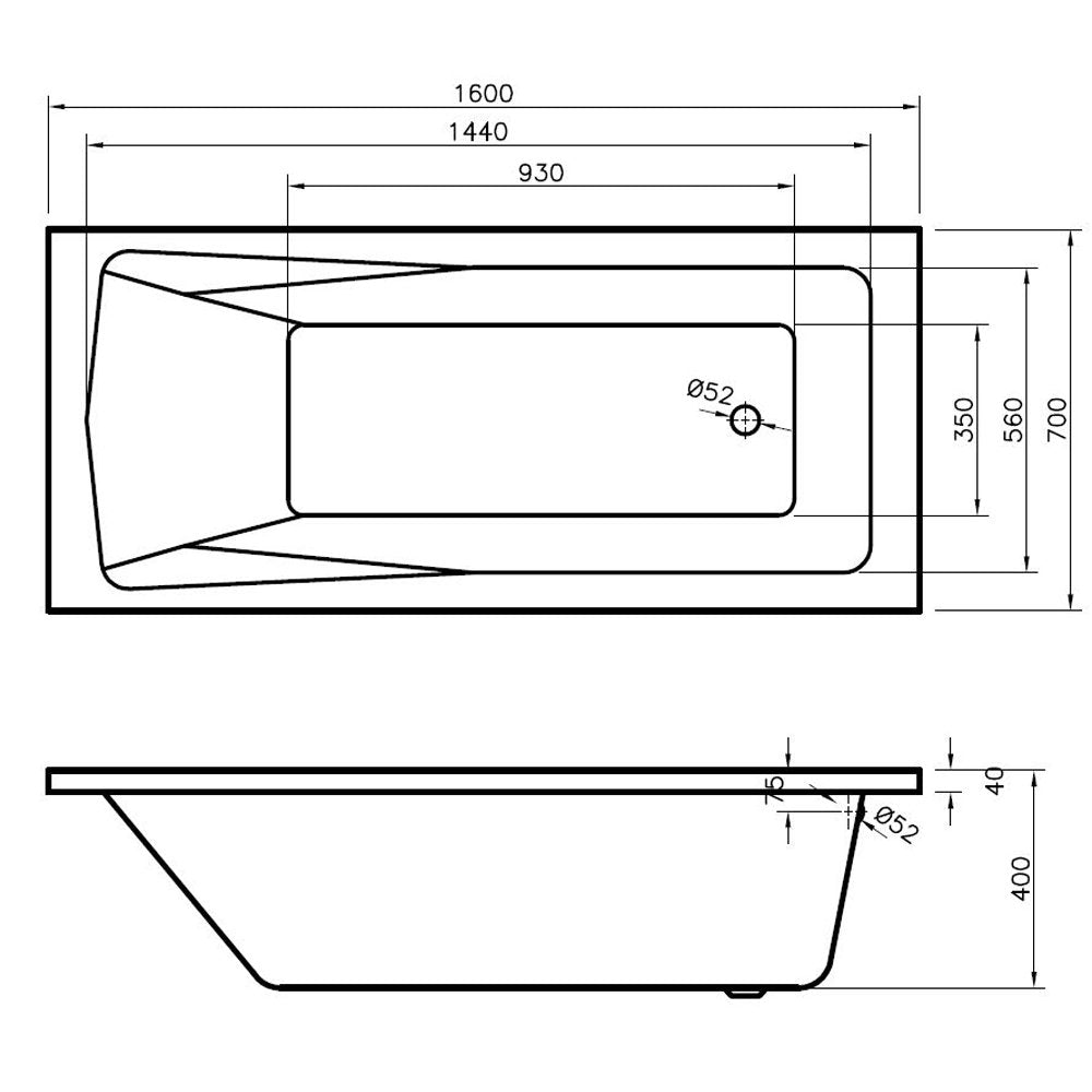 Nuie Linton Square Single Ended Straight Bath 1600x700