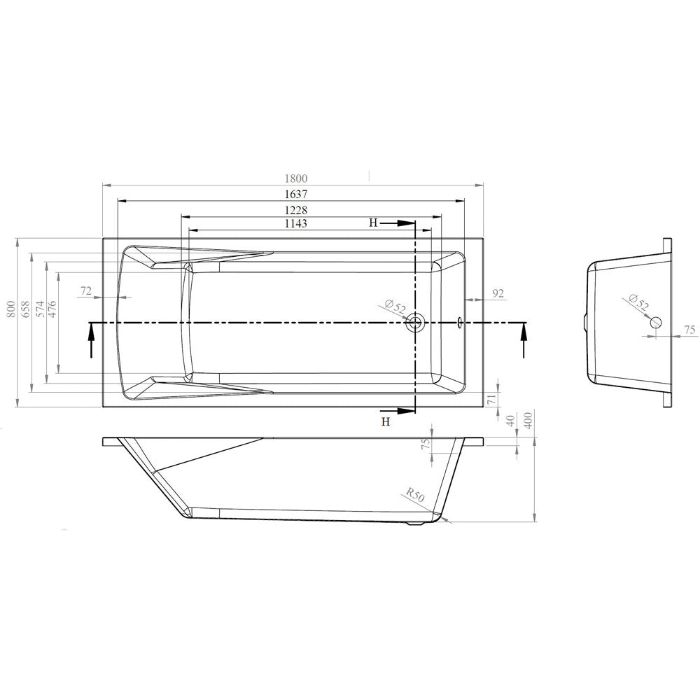 Nuie Linton Square Single Ended Straight Bath 1800x800
