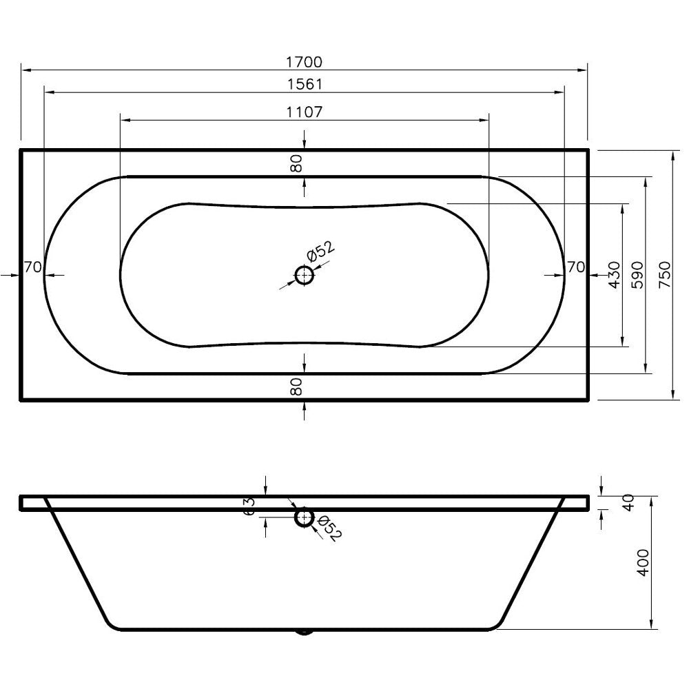 Nuie Otley Round Double Ended Straight Bath 1700x750