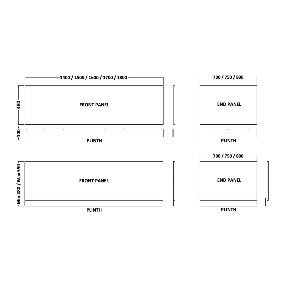 Nuie Linton Square Single Ended Straight Bath 1500x700 & Front Panel