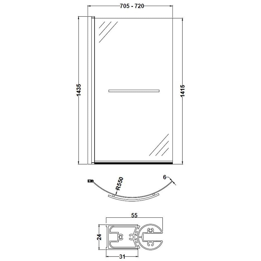 Nuie Curved P-Bath Screen with Rail - NCSR1