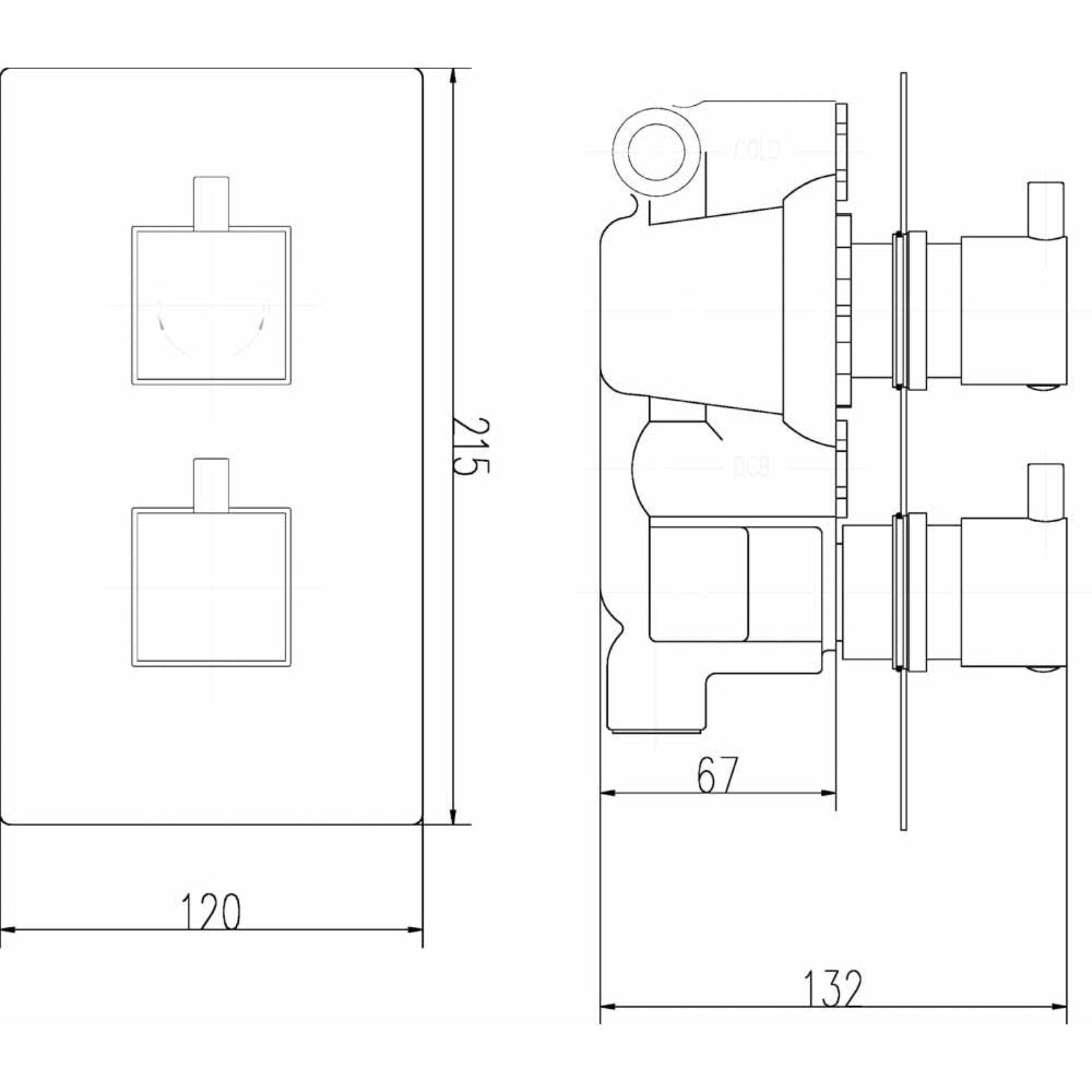 Nuie Volt Square Thermostatic Shower Mixer Valve, Fixed Head & Arm