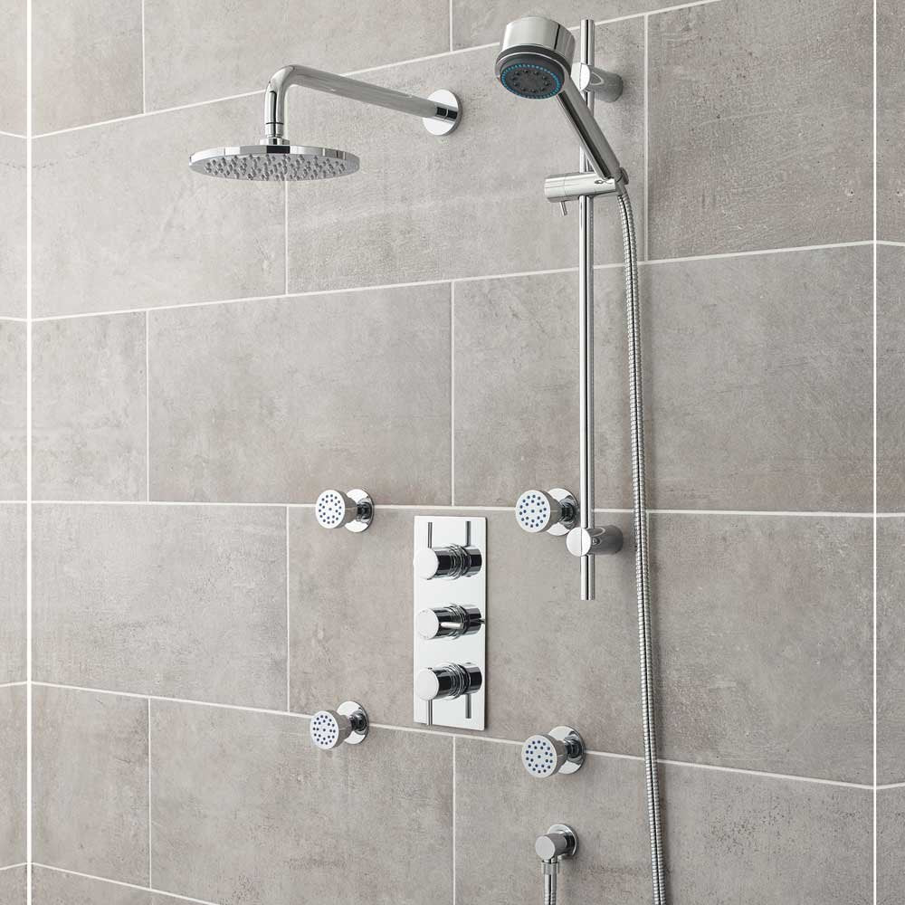 Nuie Quest Thermostatic Shower Valve, 200mm Fixed Head, Slider & 4 Body Jets