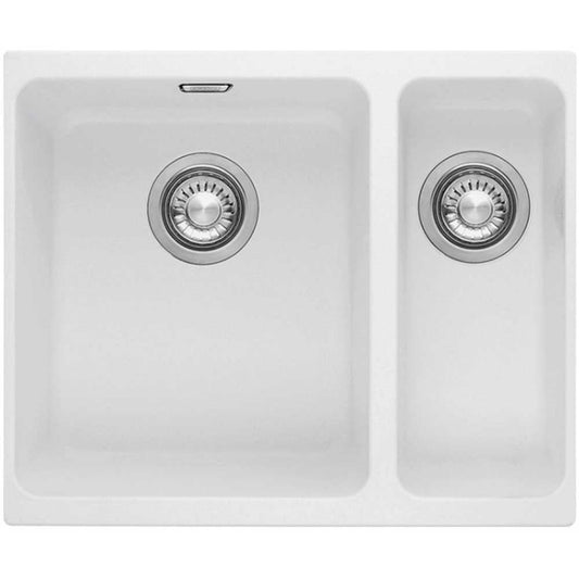 White ceramic double bowl kitchen sink with overflow outlets