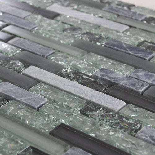 Luxury Textured Grey, Khaki Crackled Glass & Stone Mosaic Wall Tiles Sheet 8mm